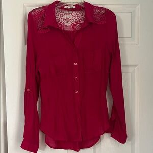 Hot pink boho styled button down. Open knit shoulders